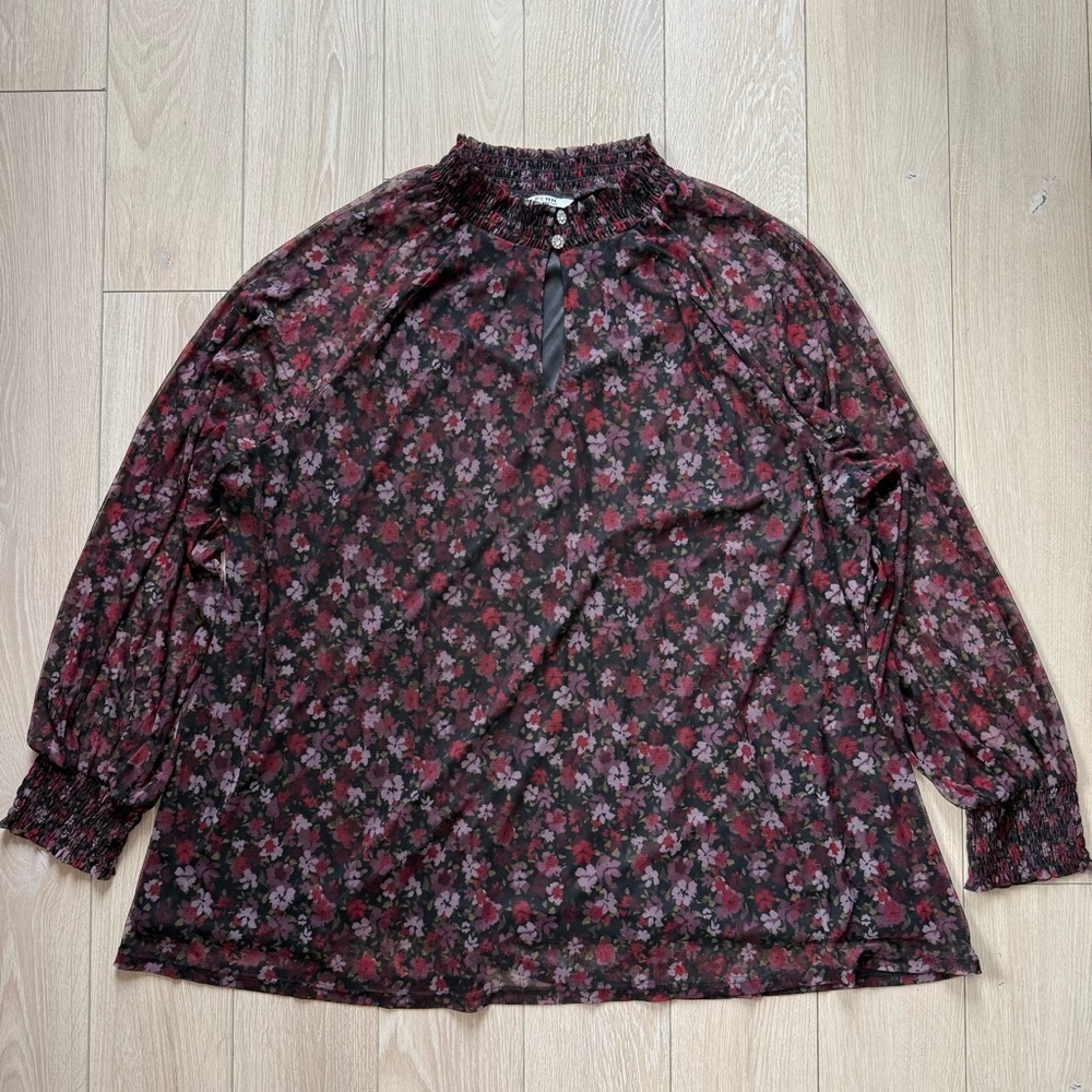 PENN Penningtons Floral Print Long Sleeve Blouse in Black Women’s 2X